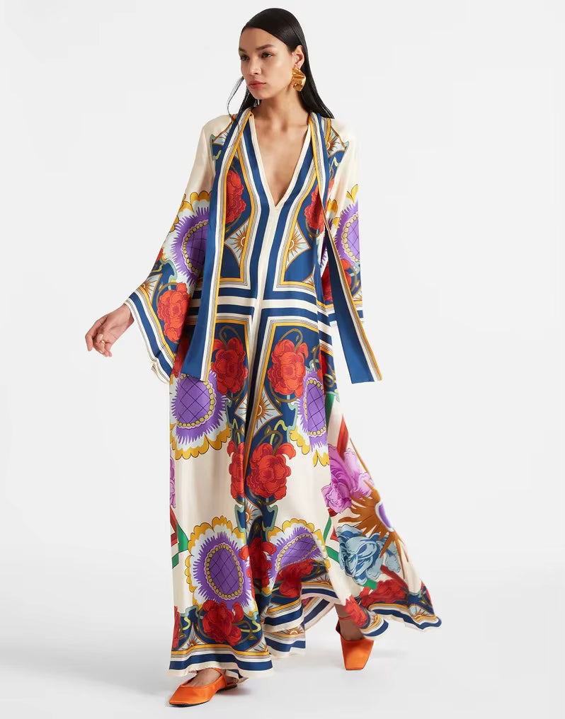 Vintage Print Stand Collar Lace-Up Irregular Sleeves Loose Maxi Dress