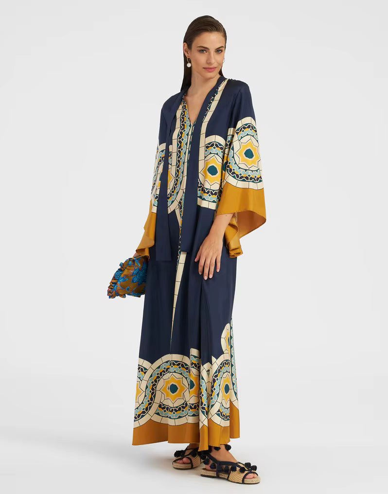 Vintage Print Stand Collar Lace-Up Irregular Sleeves Loose Maxi Dress