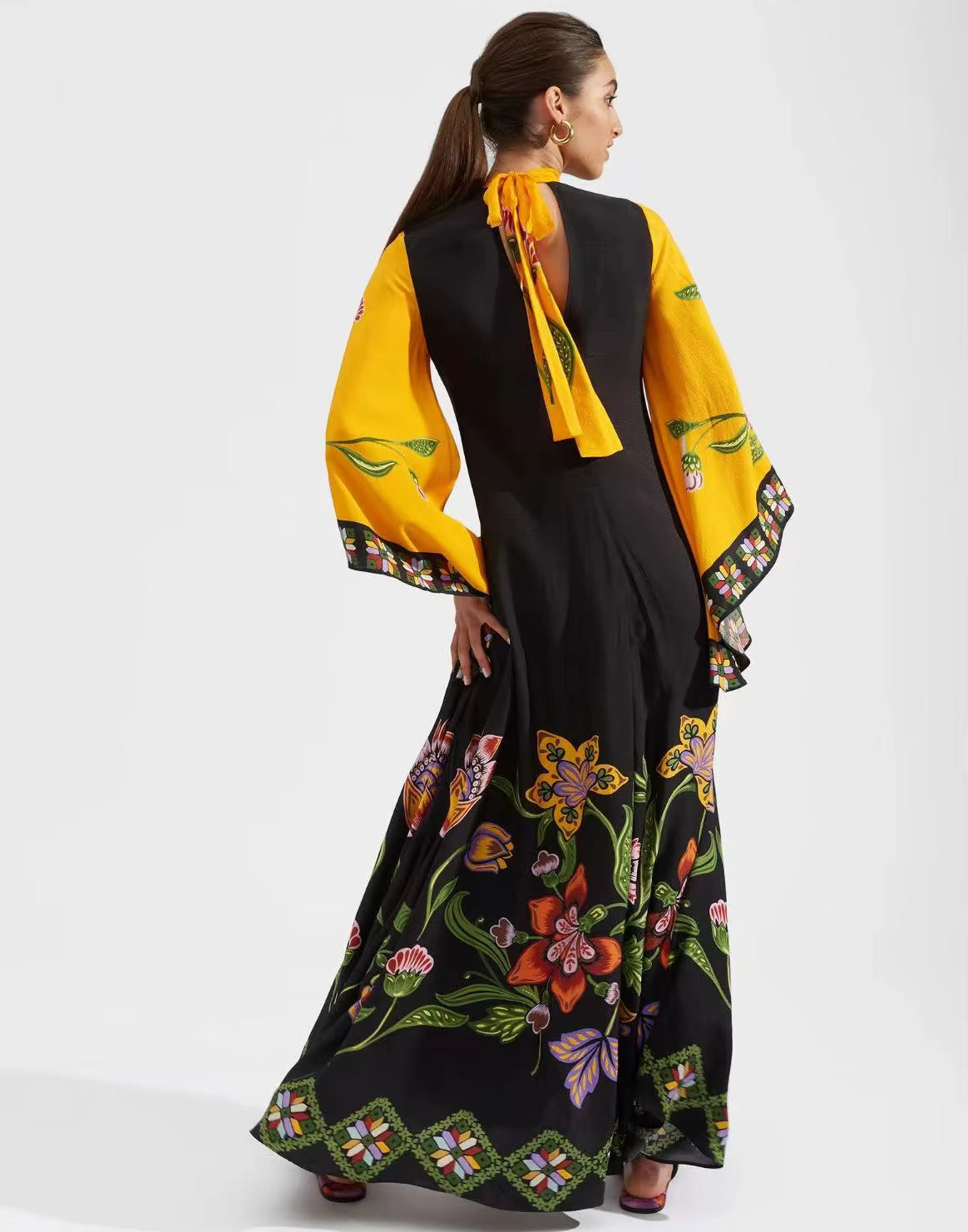 Vintage Print Stand Collar Lace-Up Irregular Sleeves Loose Maxi Dress