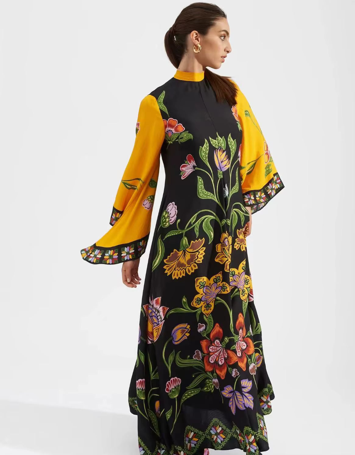 Vintage Print Stand Collar Lace-Up Irregular Sleeves Loose Maxi Dress