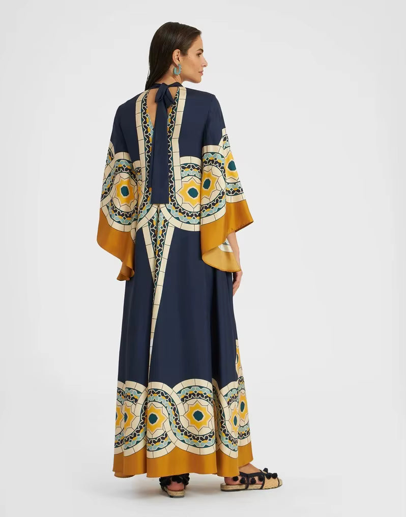 Vintage Print Stand Collar Lace-Up Irregular Sleeves Loose Maxi Dress