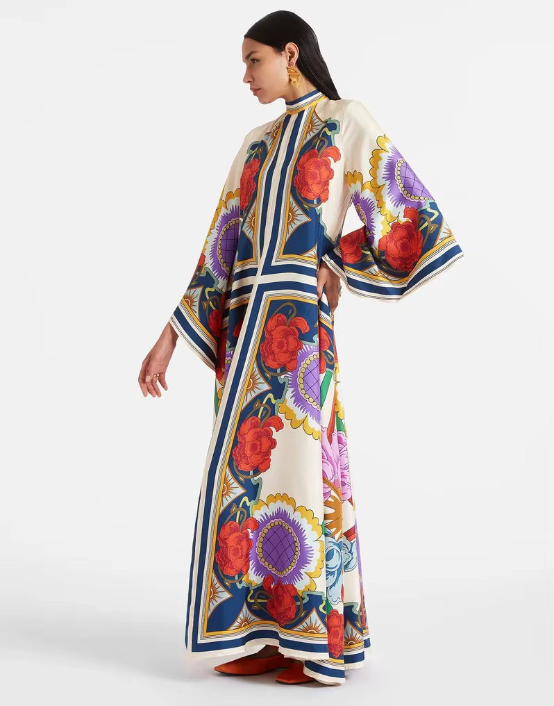 Vintage Print Stand Collar Lace-Up Irregular Sleeves Loose Maxi Dress