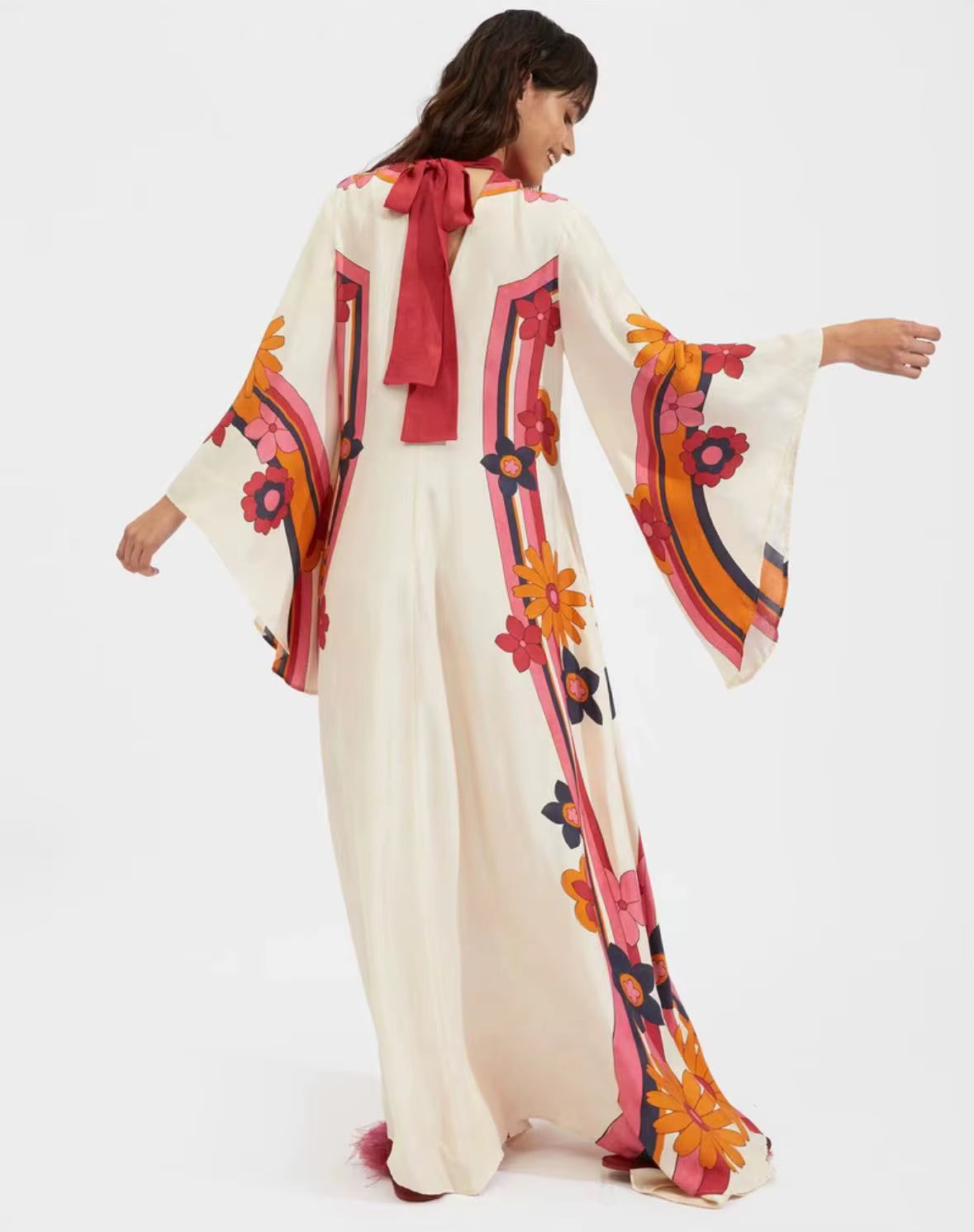 Vintage Print Stand Collar Lace-Up Irregular Sleeves Loose Maxi Dress