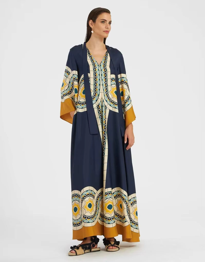 Vintage Print Stand Collar Lace-Up Irregular Sleeves Loose Maxi Dress