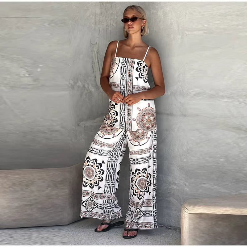 Vintage Print Strap Vest Pants Sleeveless Backless Tube Top Two Piece Set