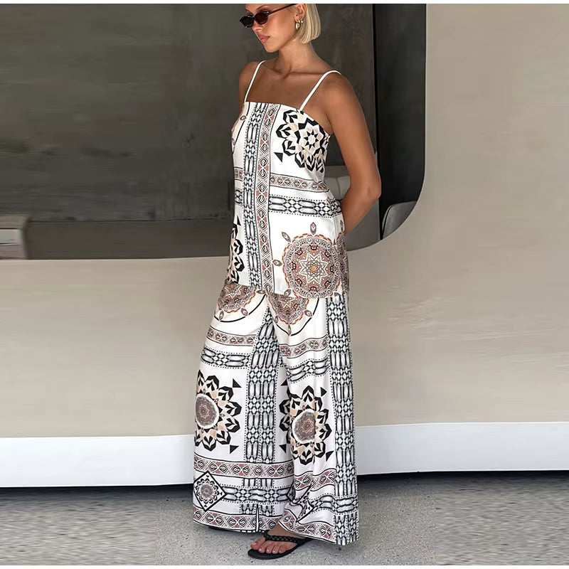 Vintage Print Strap Vest Pants Sleeveless Backless Tube Top Two Piece Set