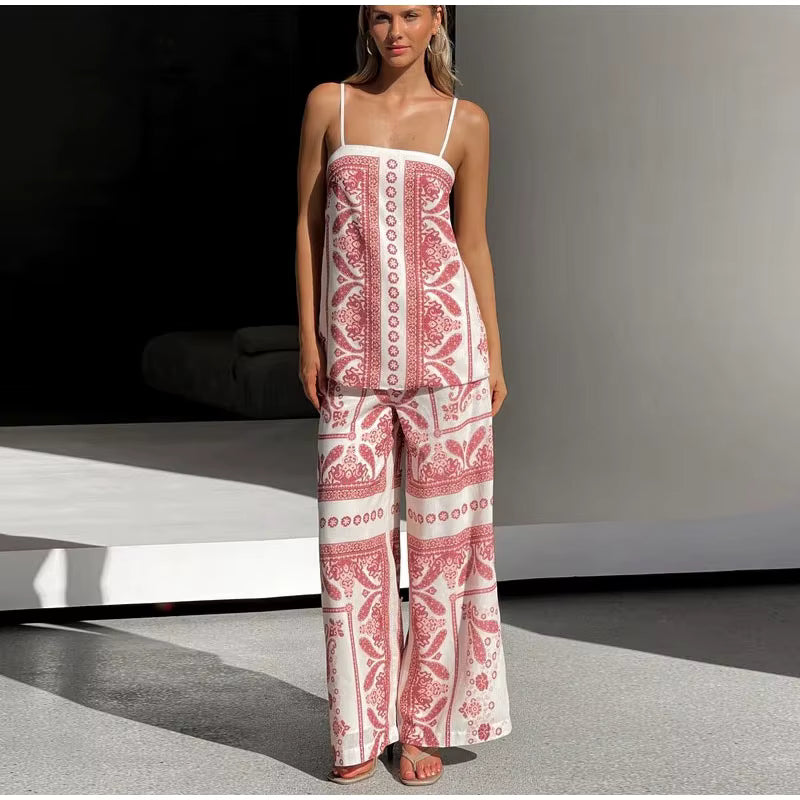 Vintage Print Strap Vest Pants Sleeveless Backless Tube Top Two Piece Set