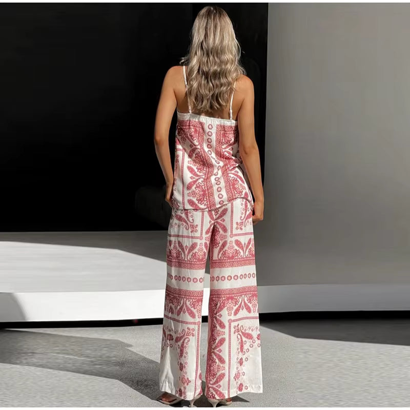 Vintage Print Strap Vest Pants Sleeveless Backless Tube Top Two Piece Set
