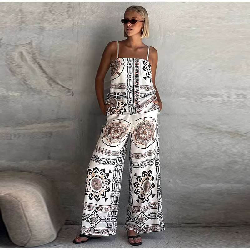 Vintage Print Strap Vest Pants Sleeveless Backless Tube Top Two Piece Set