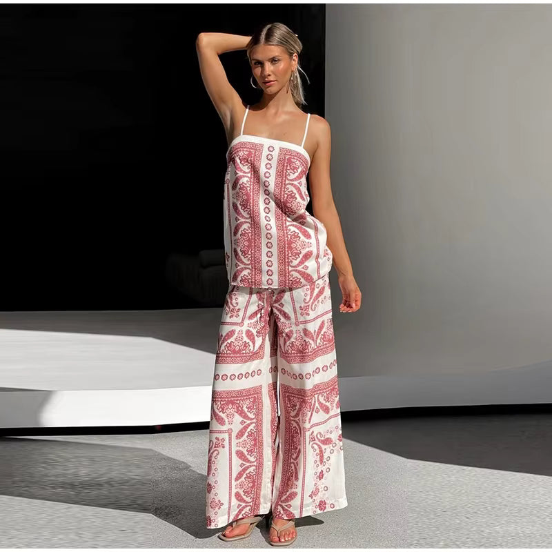 Vintage Print Strap Vest Pants Sleeveless Backless Tube Top Two Piece Set