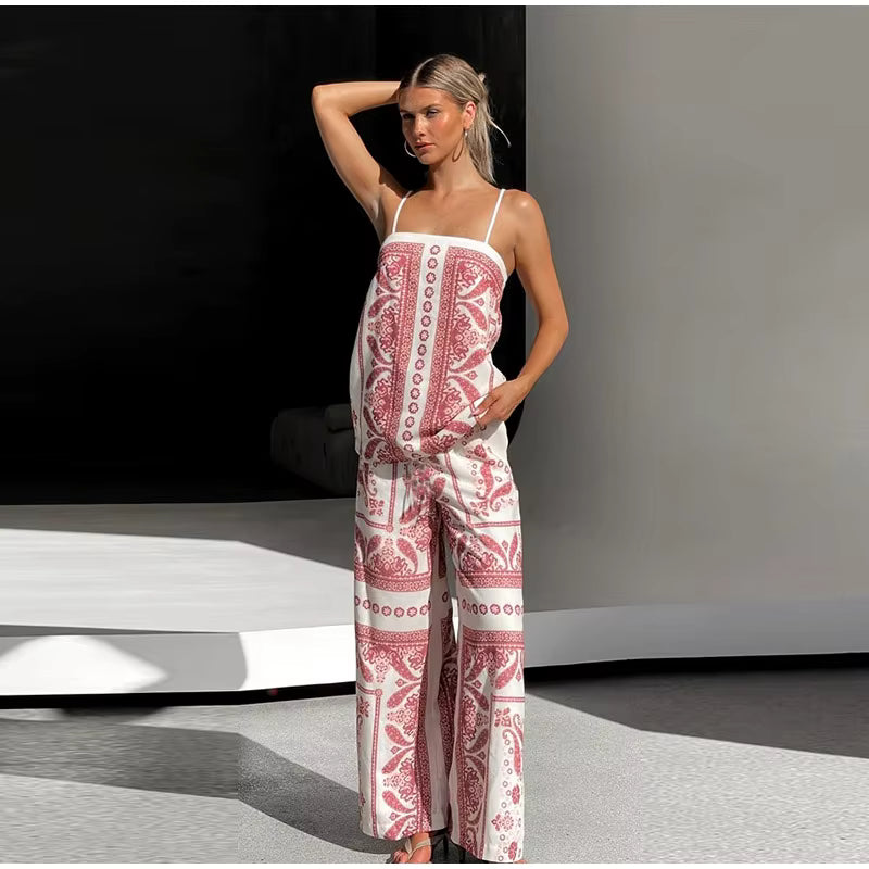 Vintage Print Strap Vest Pants Sleeveless Backless Tube Top Two Piece Set