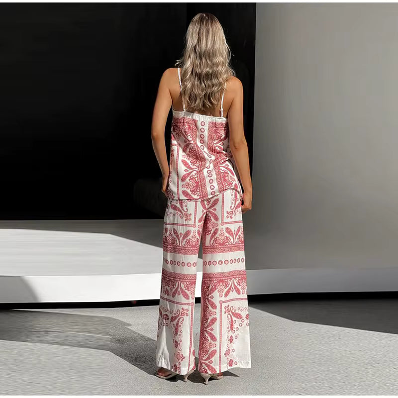 Vintage Print Strap Vest Pants Sleeveless Backless Tube Top Two Piece Set