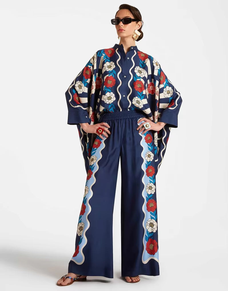 Casual Print Wide Leg Pants Loose Long Sleeve Shirt Two Piece Set