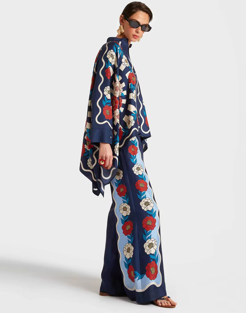Casual Print Wide Leg Pants Loose Long Sleeve Shirt Two Piece Set