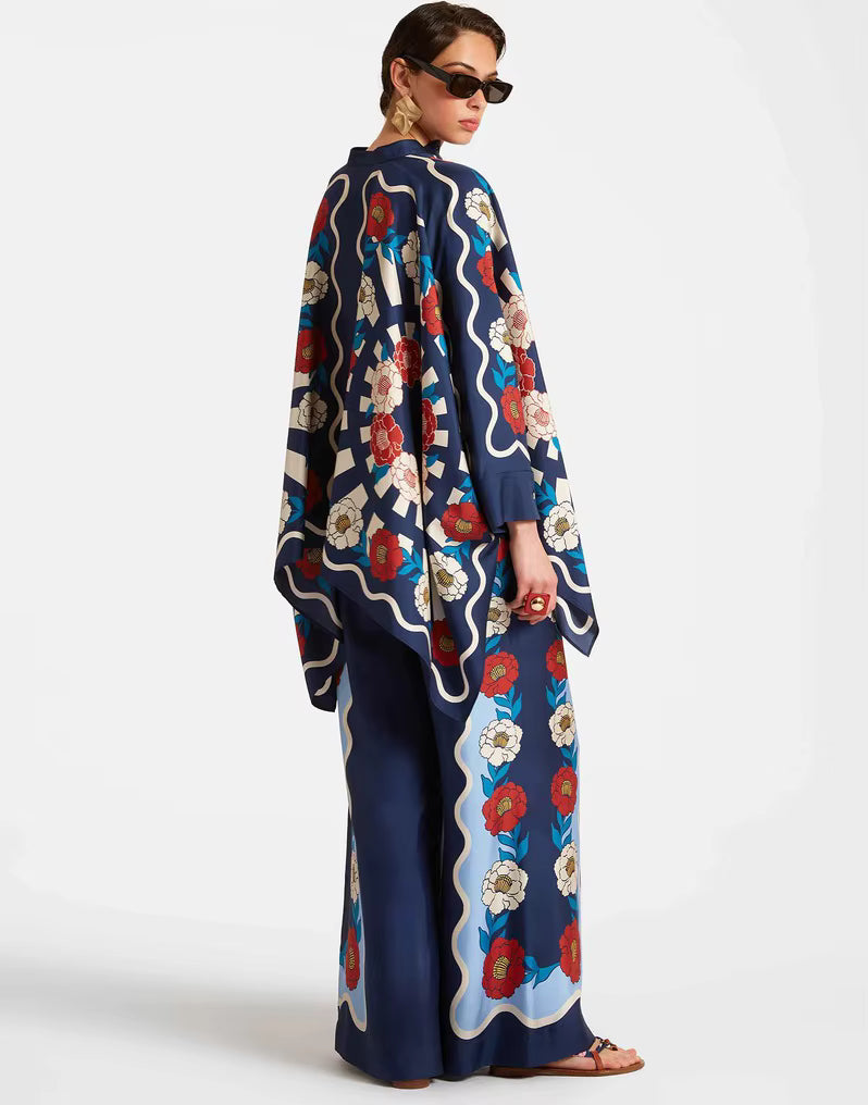 Casual Print Wide Leg Pants Loose Long Sleeve Shirt Two Piece Set