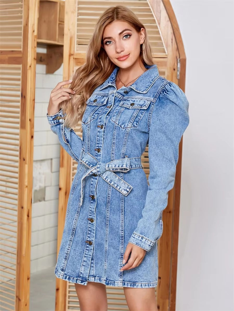 Vintage Puff Sleeve Belted Single Breasted Street Style Mini Jean Dresses