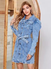 Vintage Puff Sleeve Belted Single Breasted Street Style Mini Jean Dresses