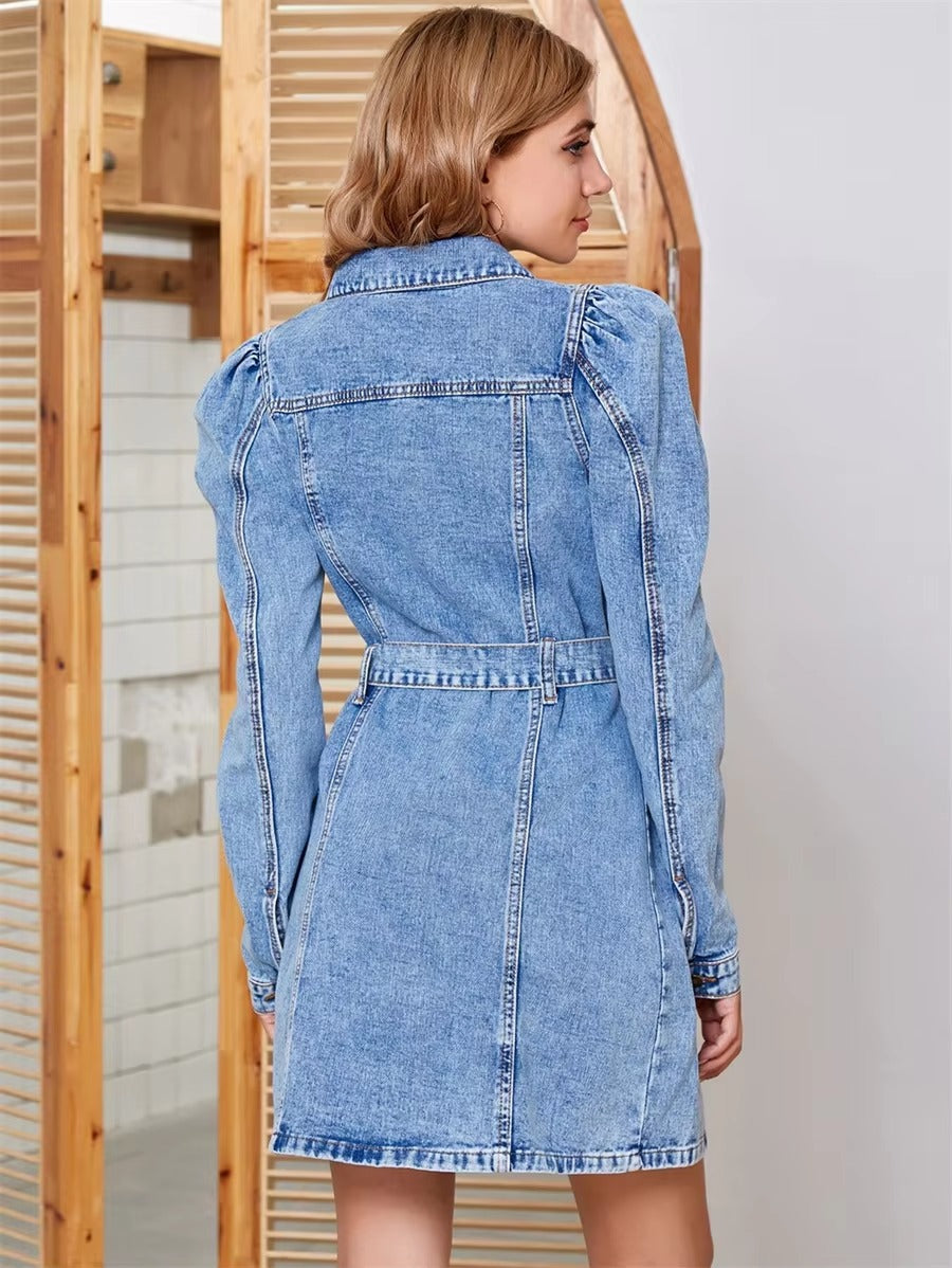 Vintage Puff Sleeve Belted Single Breasted Street Style Mini Jean Dresses