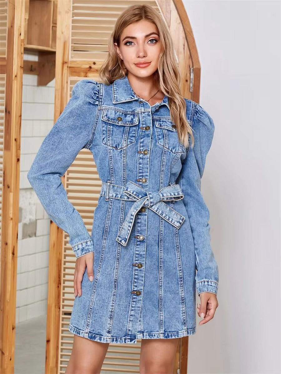 Vintage Puff Sleeve Belted Single Breasted Street Style Mini Jean Dresses