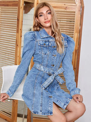 Vintage Puff Sleeve Belted Single Breasted Street Style Mini Jean Dresses