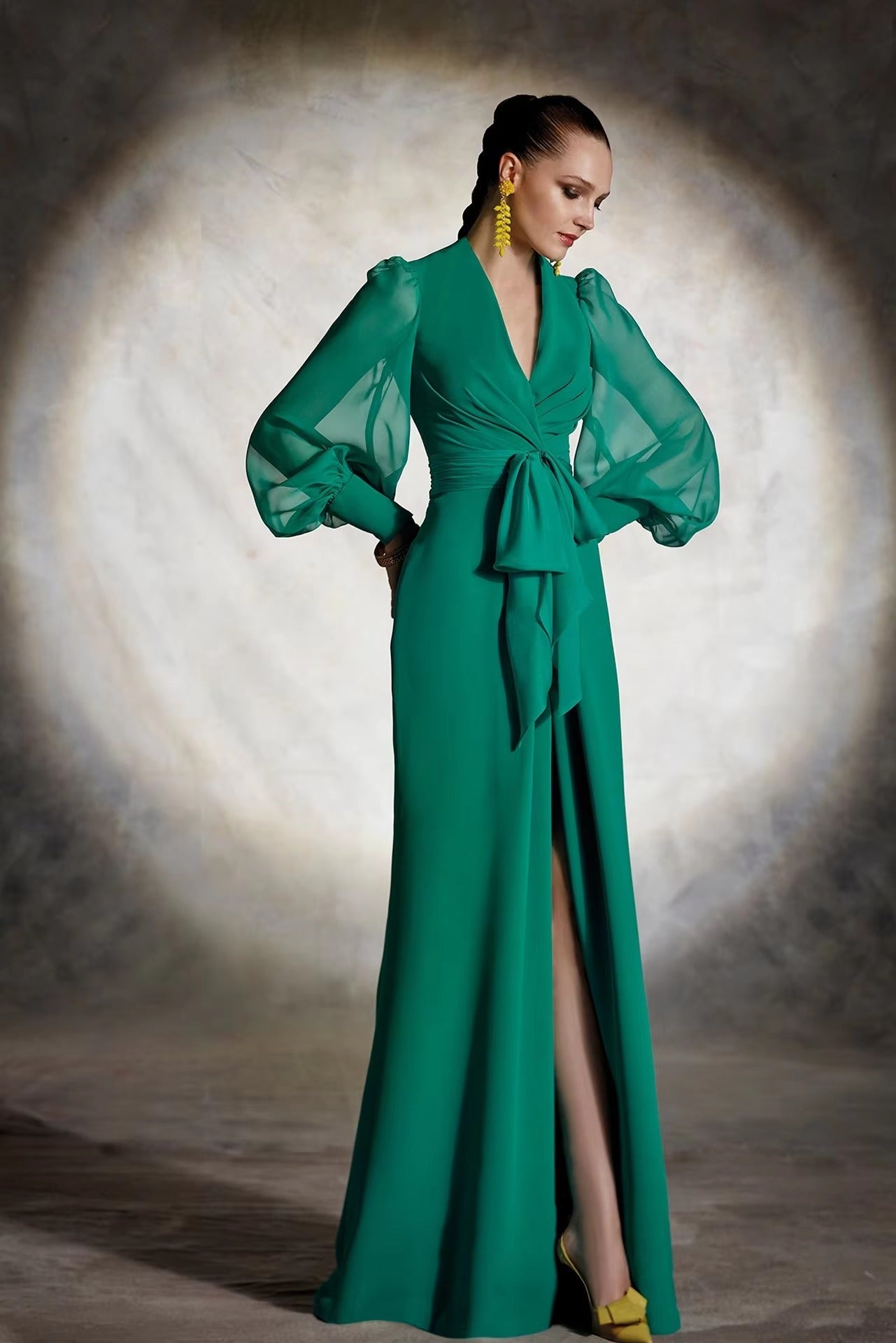 Vintage Puff Sleeves Tied High Waisted Evening Party Maxi Dress