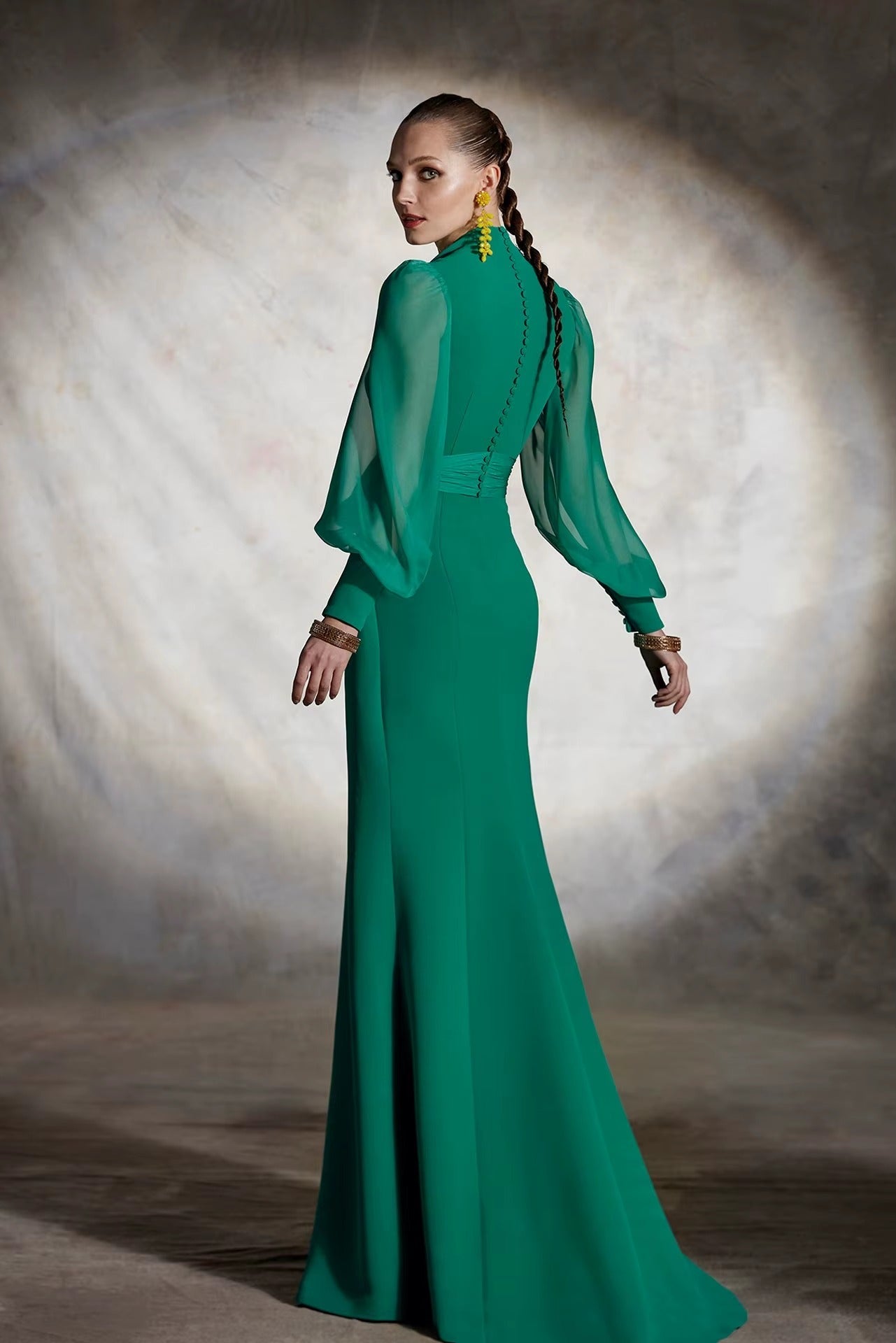 Vintage Puff Sleeves Tied High Waisted Evening Party Maxi Dress