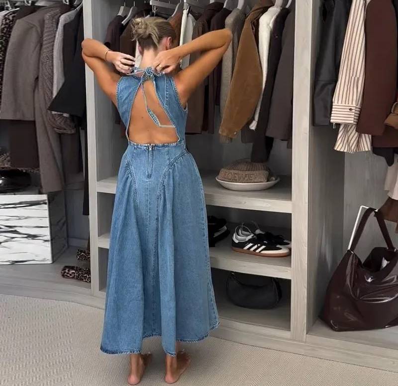 Vintage Pullover Beach Style Long O-Neck Maxi Dress Streetwear