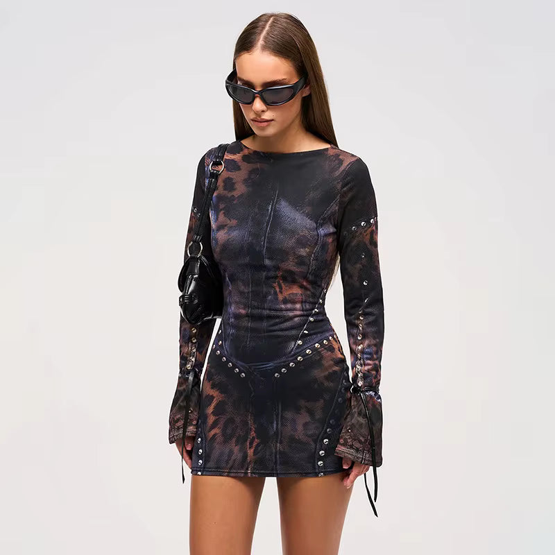 Vintage Pullover Dropped Sheath Printing Full Sleeve Bodycon Mini Dress
