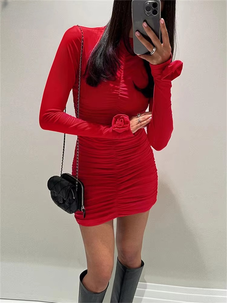 Aesthetic Chic Pullover Flower Ruched  Bodycon Mini Dress
