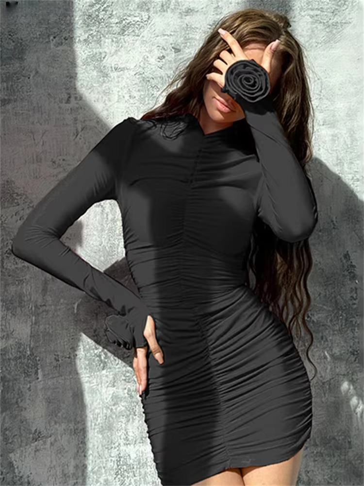 Aesthetic Chic Pullover Flower Ruched  Bodycon Mini Dress