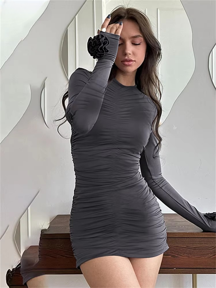 Aesthetic Chic Pullover Flower Ruched  Bodycon Mini Dress