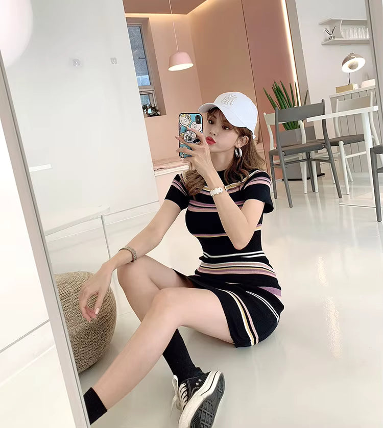 Vintage Pullover Stripe Sheath Elastic Knitted Bodycon Mini Dress