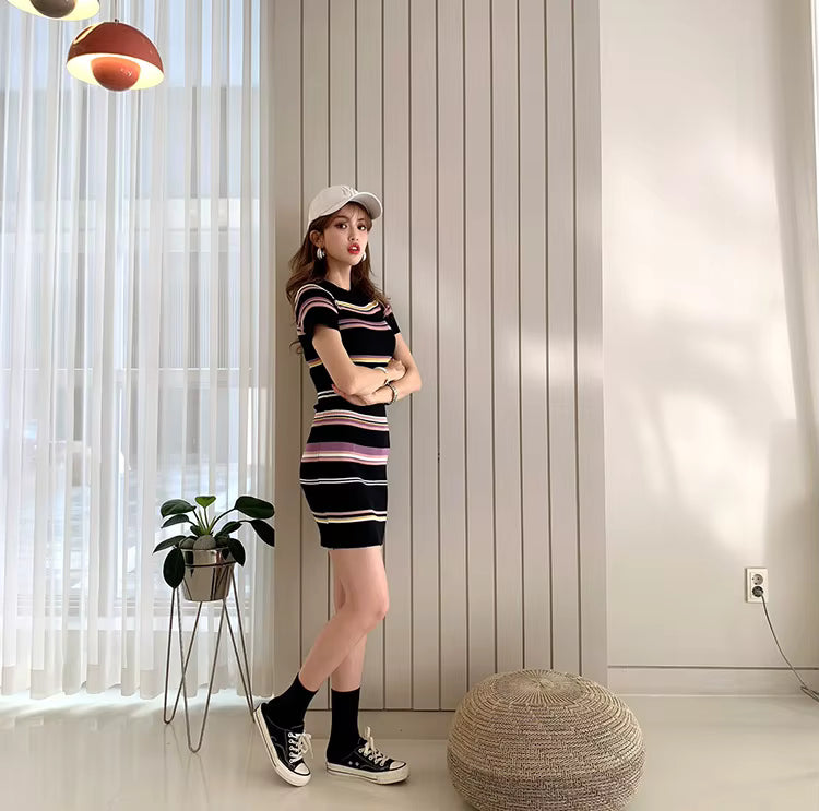 Vintage Pullover Stripe Sheath Elastic Knitted Bodycon Mini Dress