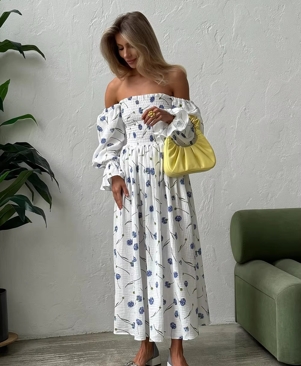 Vintage Ruffle Floral Print Cotton Butterfly Sleeve Side Slits Maxi Dress