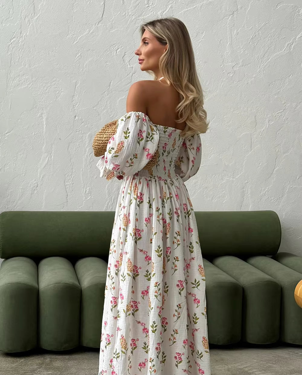 Vintage Ruffle Floral Print Cotton Butterfly Sleeve Side Slits Maxi Dress