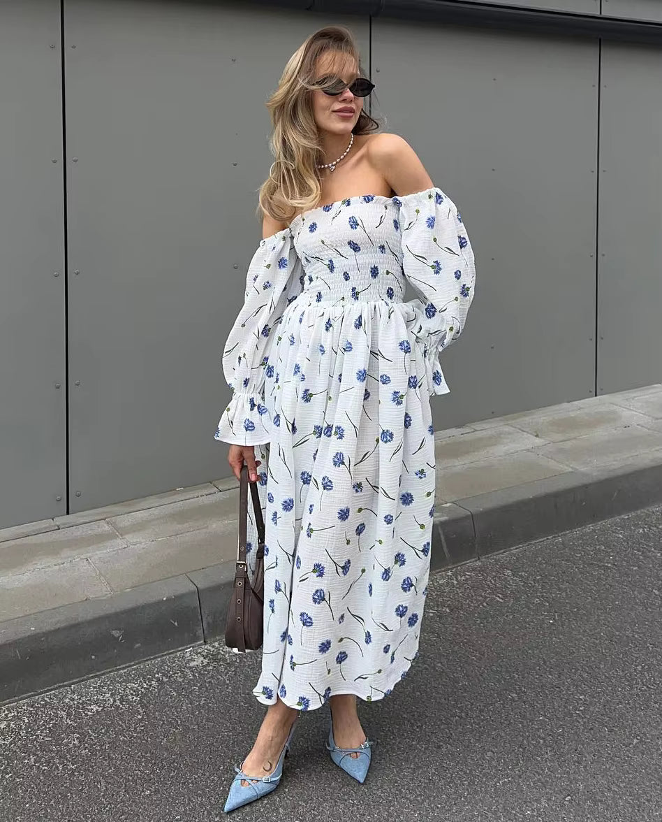 Vintage Ruffle Floral Print Cotton Butterfly Sleeve Side Slits Maxi Dress
