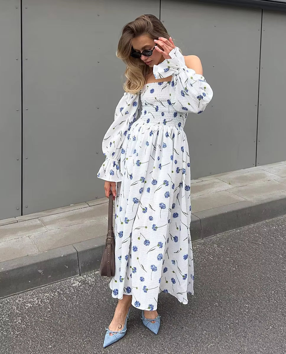 Vintage Ruffle Floral Print Cotton Butterfly Sleeve Side Slits Maxi Dress