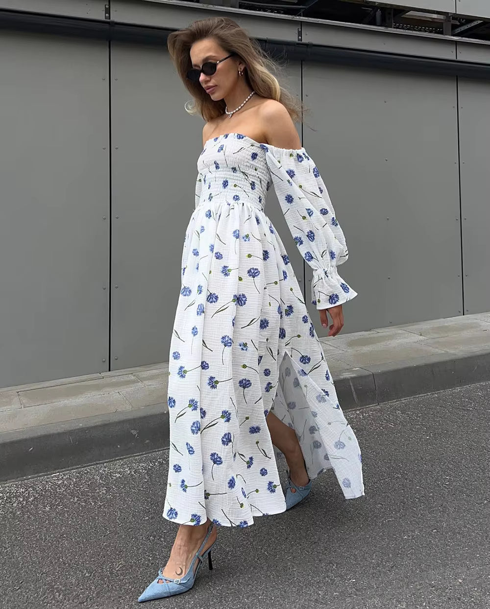 Vintage Ruffle Floral Print Cotton Butterfly Sleeve Side Slits Maxi Dress