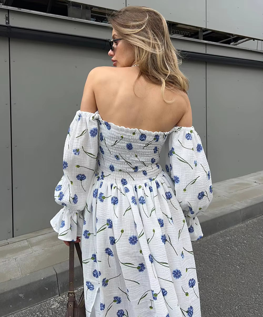 Vintage Ruffle Floral Print Cotton Butterfly Sleeve Side Slits Maxi Dress