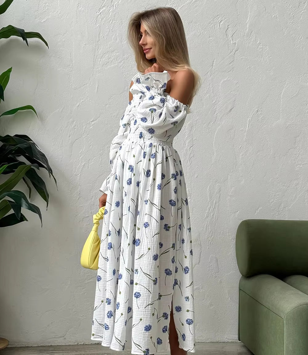 Vintage Ruffle Floral Print Cotton Butterfly Sleeve Side Slits Maxi Dress