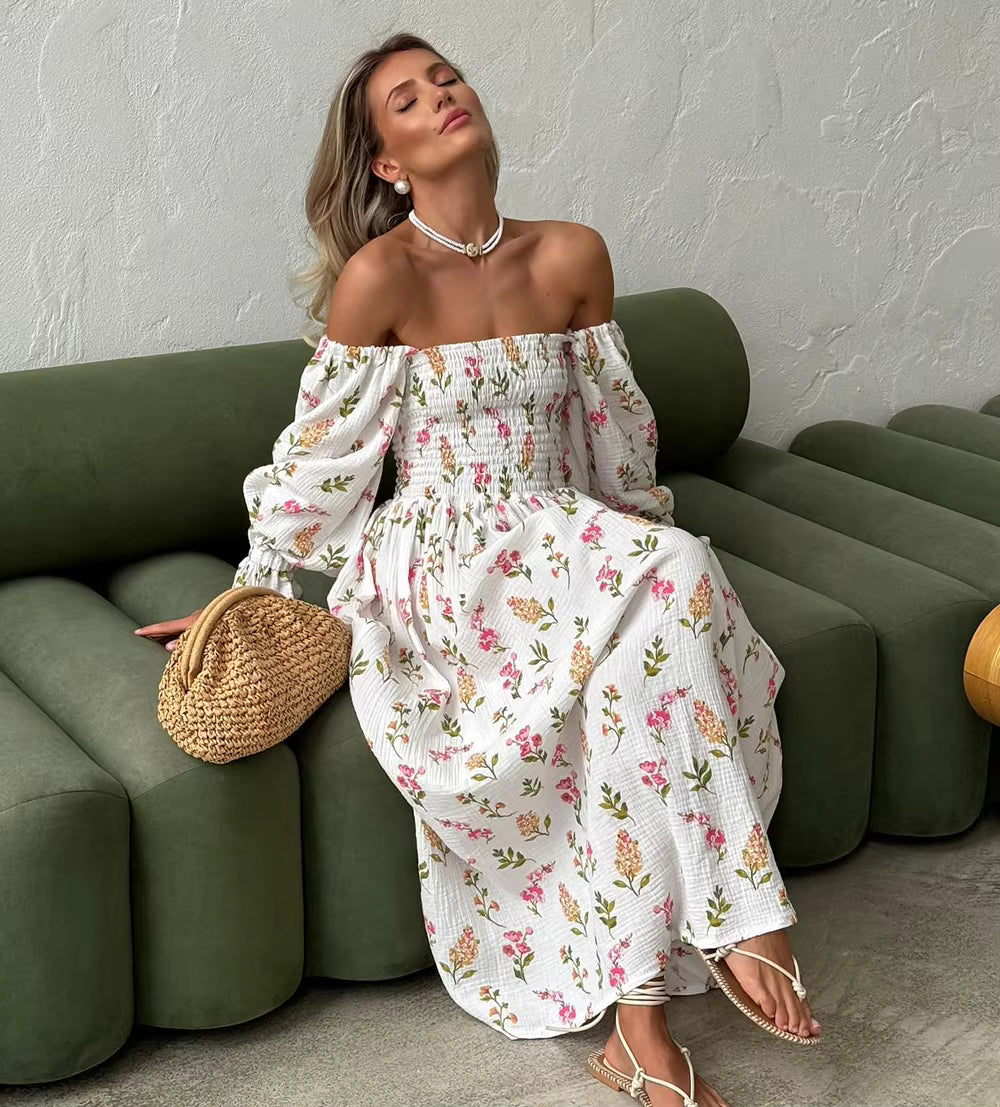 Vintage Ruffle Floral Print Cotton Butterfly Sleeve Side Slits Maxi Dress