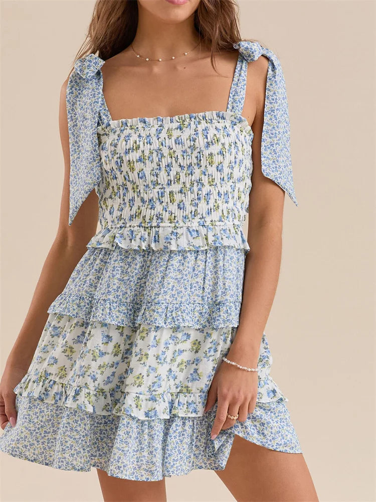 Vintage Ruffles Tie-up Strap Floral Print Square Neck High Waist Mini Dress