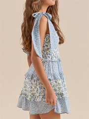 Vintage Ruffles Tie-up Strap Floral Print Square Neck High Waist Mini Dress