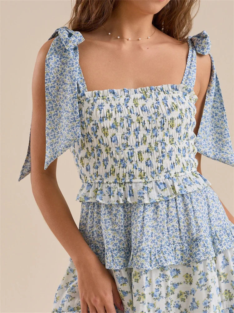 Vintage Ruffles Tie-up Strap Floral Print Square Neck High Waist Mini Dress