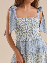 Vintage Ruffles Tie-up Strap Floral Print Square Neck High Waist Mini Dress
