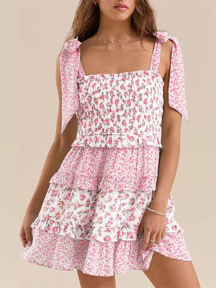 Vintage Ruffles Tie-up Strap Floral Print Square Neck High Waist Mini Dress