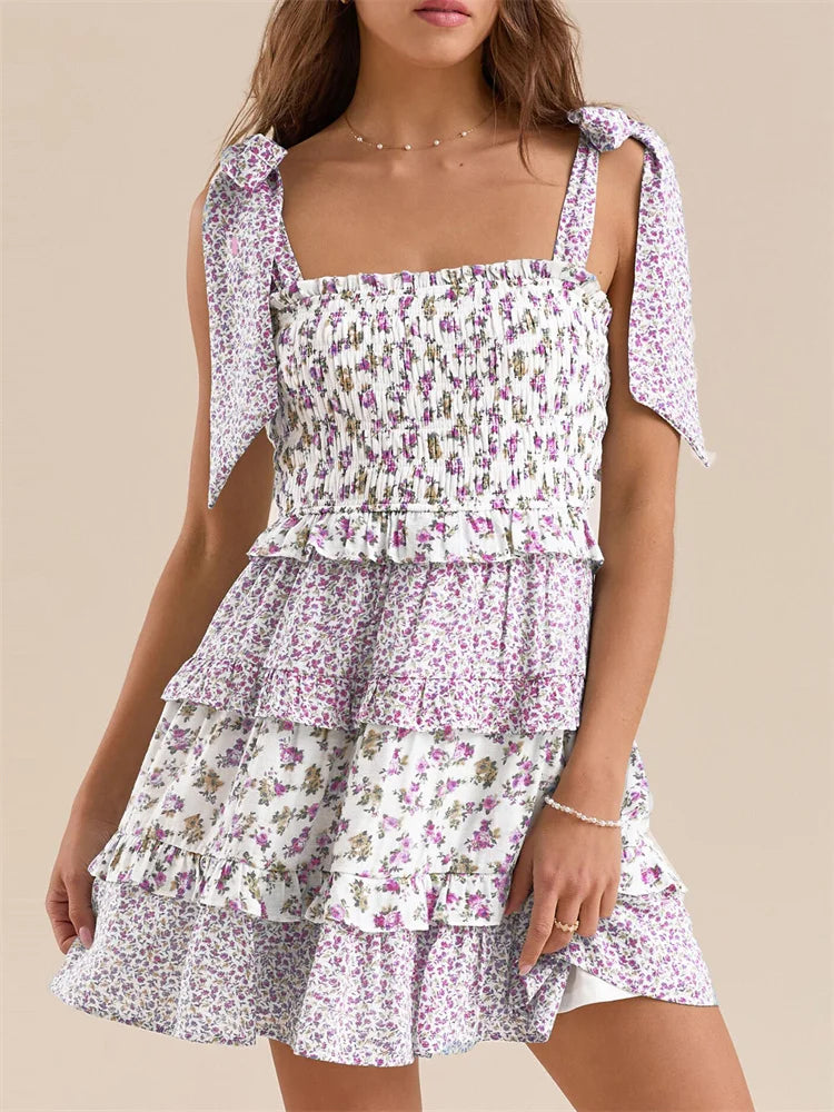 Vintage Ruffles Tie-up Strap Floral Print Square Neck High Waist Mini Dress