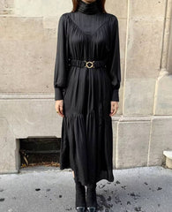 Vintage Sashes Turtleneck Long Sleeve A-line Mid-Long Dress