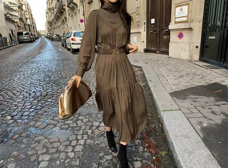 Vintage Sashes Turtleneck Long Sleeve A-line Mid-Long Dress