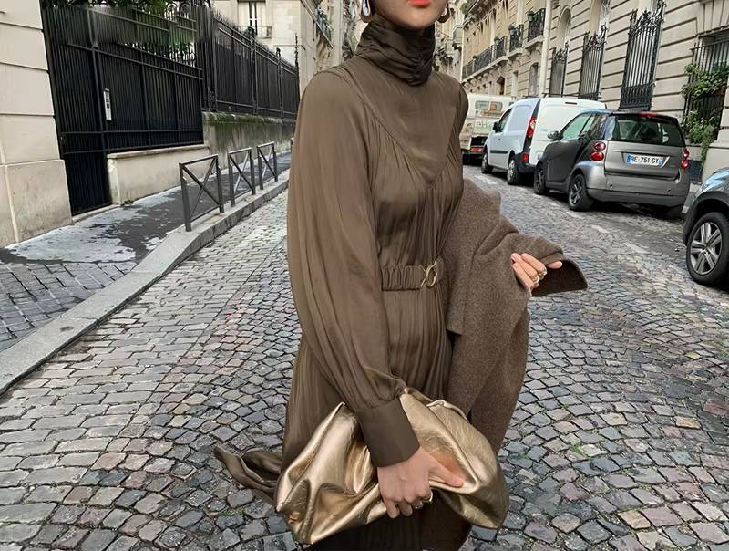 Vintage Sashes Turtleneck Long Sleeve A-line Mid-Long Dress